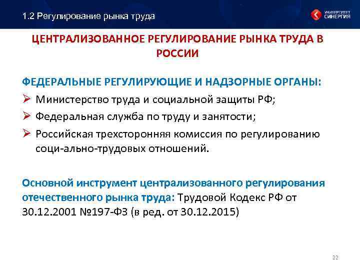 1. 2 Регулирование рынка труда ЦЕНТРАЛИЗОВАННОЕ РЕГУЛИРОВАНИЕ РЫНКА ТРУДА В РОССИИ ФЕДЕРАЛЬНЫЕ РЕГУЛИРУЮЩИЕ И