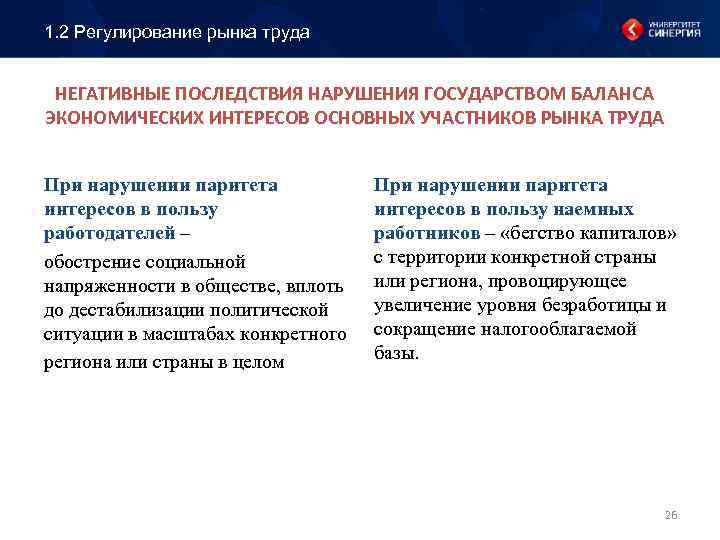 1. 2 Регулирование рынка труда НЕГАТИВНЫЕ ПОСЛЕДСТВИЯ НАРУШЕНИЯ ГОСУДАРСТВОМ БАЛАНСА ЭКОНОМИЧЕСКИХ ИНТЕРЕСОВ ОСНОВНЫХ УЧАСТНИКОВ