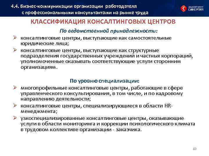 4. 4. Бизнес коммуникации организации работодателя с профессиональными консультантами на рынке труда КЛАССИФИКАЦИЯ КОНСАЛТИНГОВЫХ