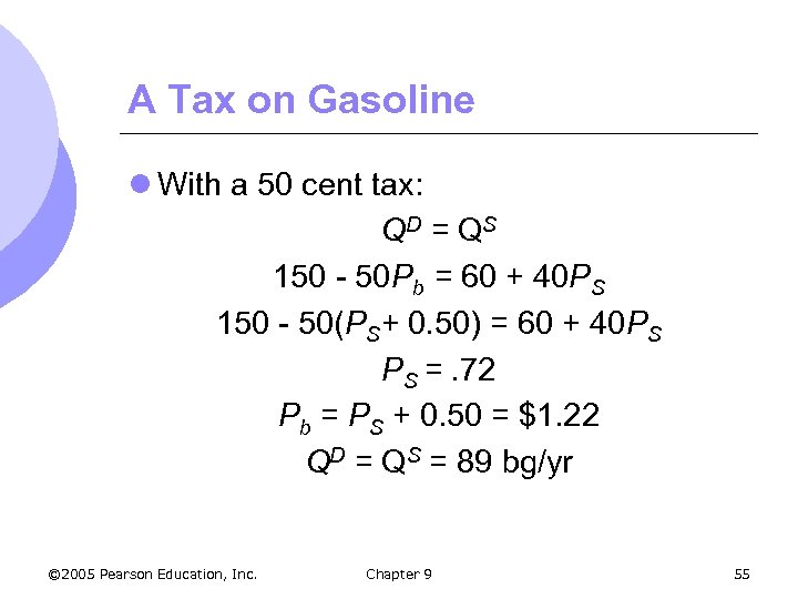A Tax on Gasoline l With a 50 cent tax: QD = QS 150