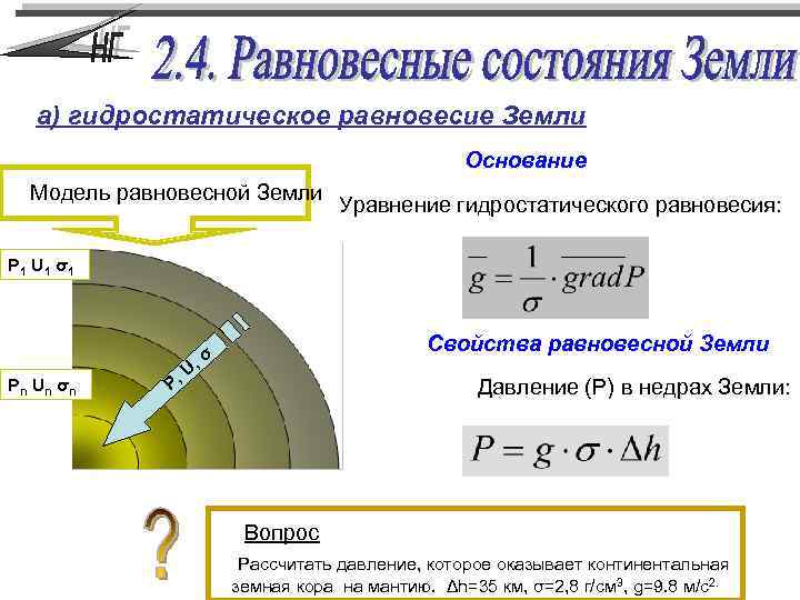 а) гидростатическое равновесие Земли Основание Модель равновесной Земли Уравнение гидростатического равновесия: Р 1 U