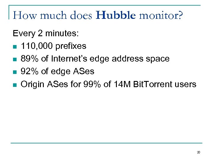 How much does Hubble monitor? Every 2 minutes: n 110, 000 prefixes n 89%