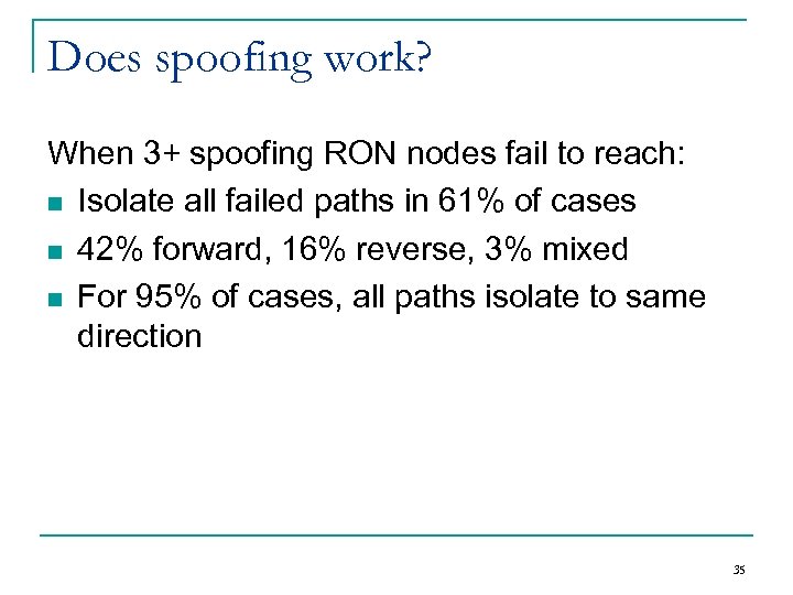 Does spoofing work? When 3+ spoofing RON nodes fail to reach: n Isolate all
