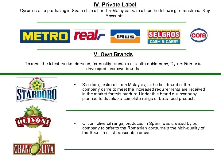 IV. Private Label Cyrom is also producing in Spain olive oil and in Malaysia
