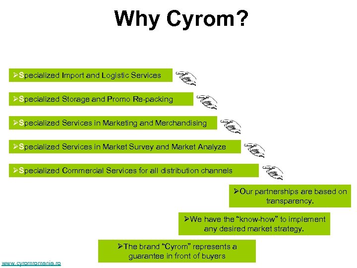 Why Cyrom? ØSpecialized Import and Logistic Services ØSpecialized Storage and Promo Re-packing ØSpecialized Services