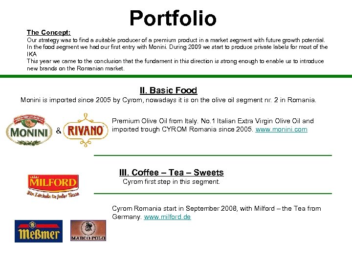 The Concept: Portfolio Our strategy was to find a suitable producer of a premium