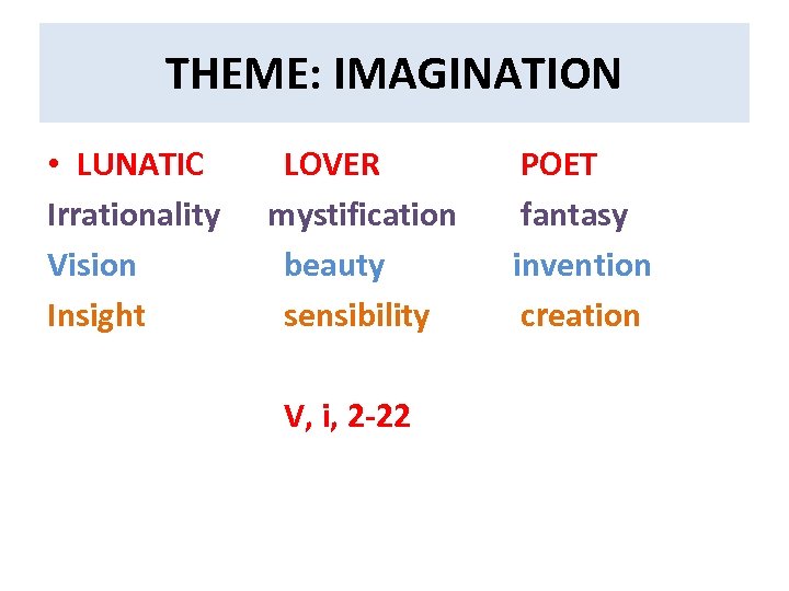 THEME: IMAGINATION • LUNATIC LOVER POET Irrationality mystification fantasy Vision beauty invention Insight sensibility