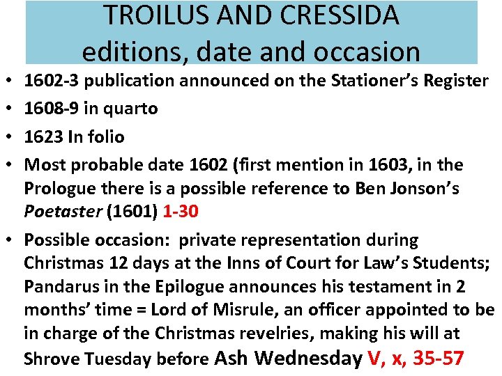 TROILUS AND CRESSIDA editions, date and occasion 1602 -3 publication announced on the Stationer’s