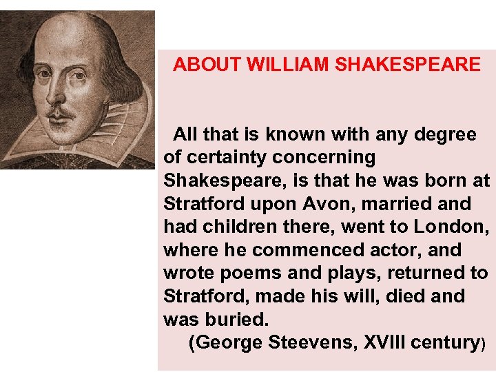 ABOUT WILLIAM SHAKESPEARE All that is known with any degree of certainty concerning Shakespeare,