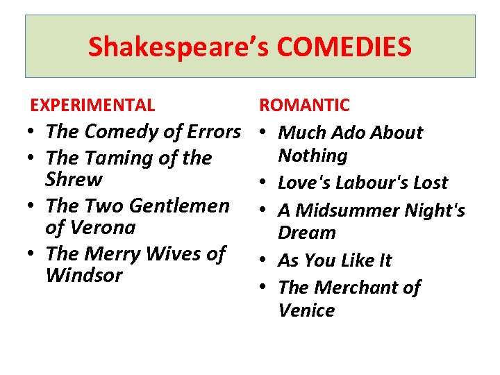 Shakespeare’s COMEDIES EXPERIMENTAL ROMANTIC • The Comedy of Errors • The Taming of the