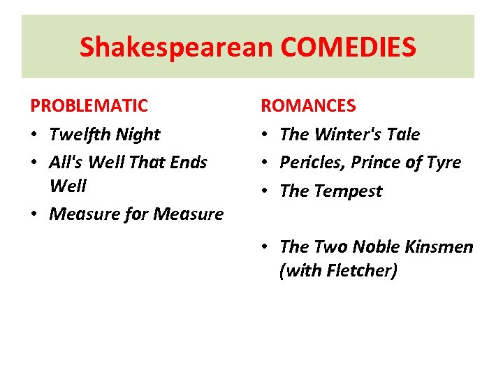 Shakespearean COMEDIES PROBLEMATIC • Twelfth Night • All's Well That Ends Well • Measure