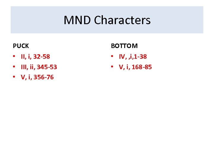 MND Characters PUCK BOTTOM • II, i, 32 -58 • III, ii, 345 -53
