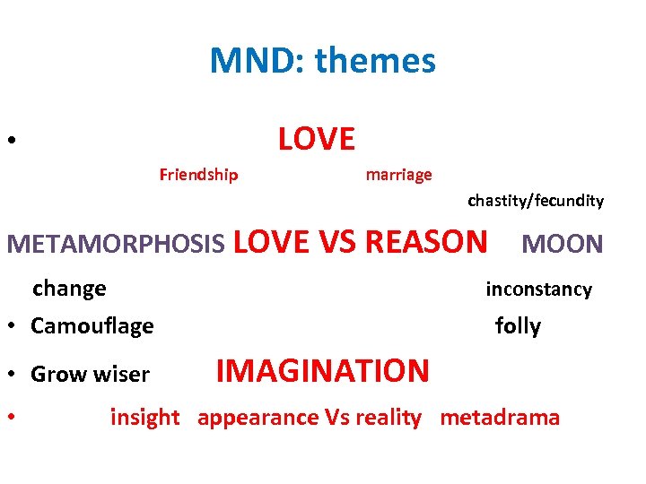 MND: themes • LOVE Friendship marriage chastity/fecundity METAMORPHOSIS LOVE VS REASON MOON change inconstancy