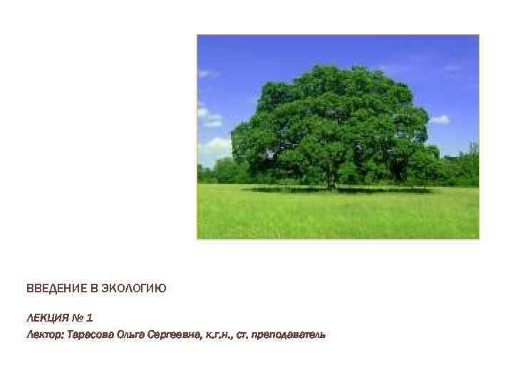 ВВЕДЕНИЕ В ЭКОЛОГИЮ ЛЕКЦИЯ № 1 Лектор: Тарасова Ольга Сергеевна, к. г. н. ,