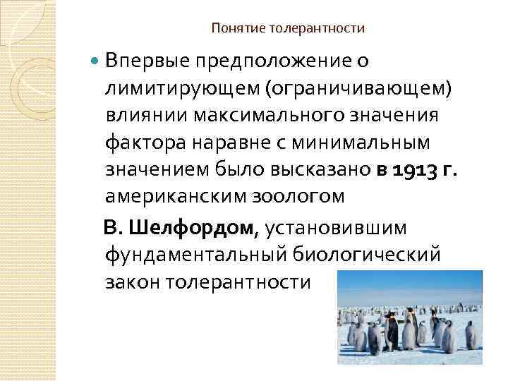 Понятие толерантности Впервые предположение о лимитирующем (ограничивающем) влиянии максимального значения фактора наравне с минимальным