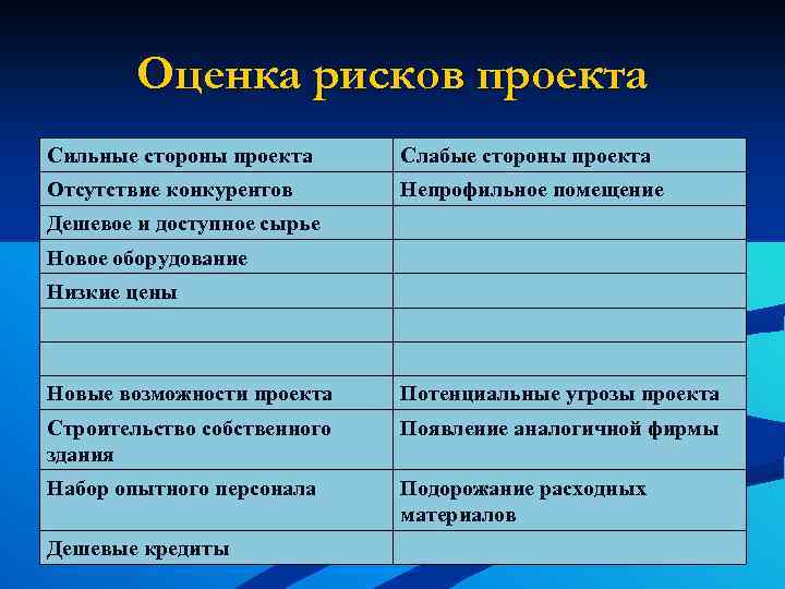 Оценка рисков проекта Сильные стороны проекта Слабые стороны проекта Отсутствие конкурентов Непрофильное помещение Дешевое