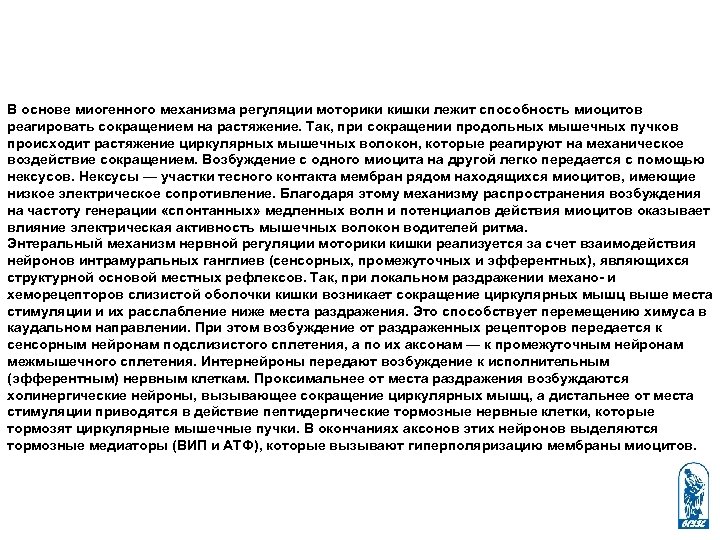 В основе миогенного механизма регуляции моторики кишки лежит способность миоцитов реагировать сокращением на растяжение.