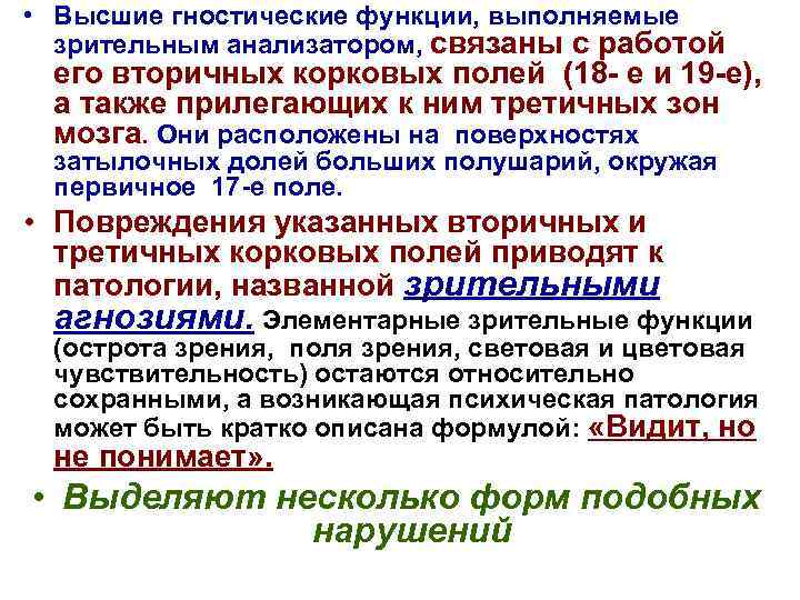  • Высшие гностические функции, выполняемые зрительным анализатором, связаны с работой его вторичных корковых