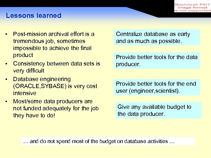 Lessons learned • Post-mission archival effort is a tremendous job, sometimes impossible to achieve