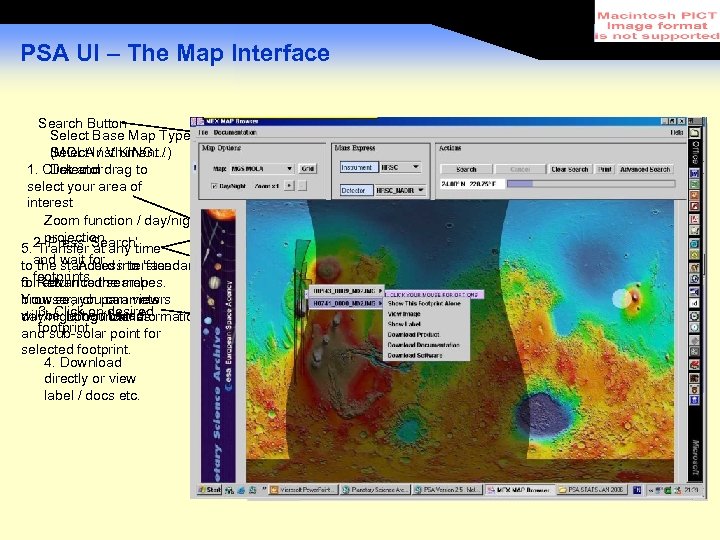 PSA UI – The Map Interface Search Button Select Base Map Type (MOLAInstrument /