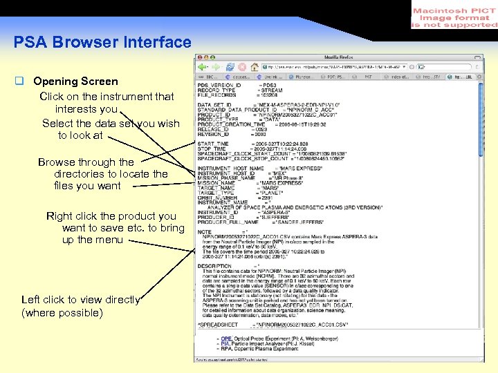 PSA Browser Interface Opening Screen Click on the instrument that interests you Select the