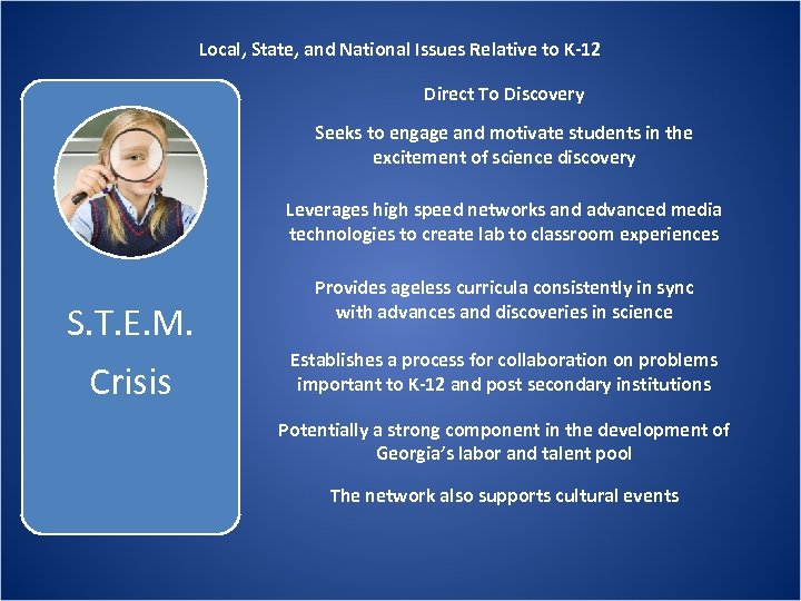 Local, State, and National Issues Relative to K-12 Direct To Discovery Seeks to engage