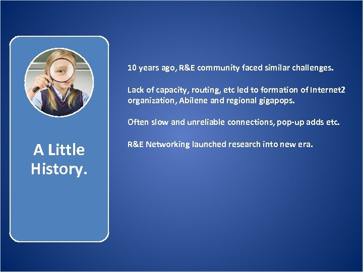10 years ago, R&E community faced similar challenges. Lack of capacity, routing, etc led