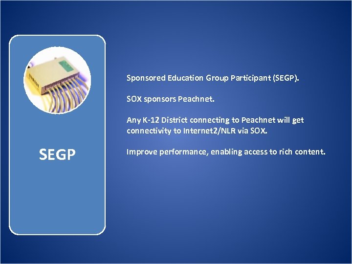 Sponsored Education Group Participant (SEGP). SOX sponsors Peachnet. Any K-12 District connecting to Peachnet