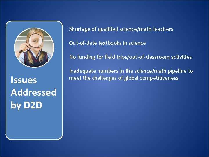 Shortage of qualified science/math teachers Out-of-date textbooks in science No funding for field trips/out-of-classroom