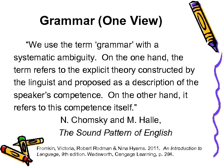 Grammar (One View) “We use the term ‘grammar’ with a systematic ambiguity. On the