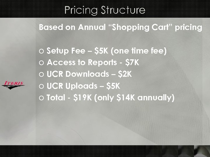 Pricing Structure Based on Annual “Shopping Cart” pricing o Setup Fee – $5 K