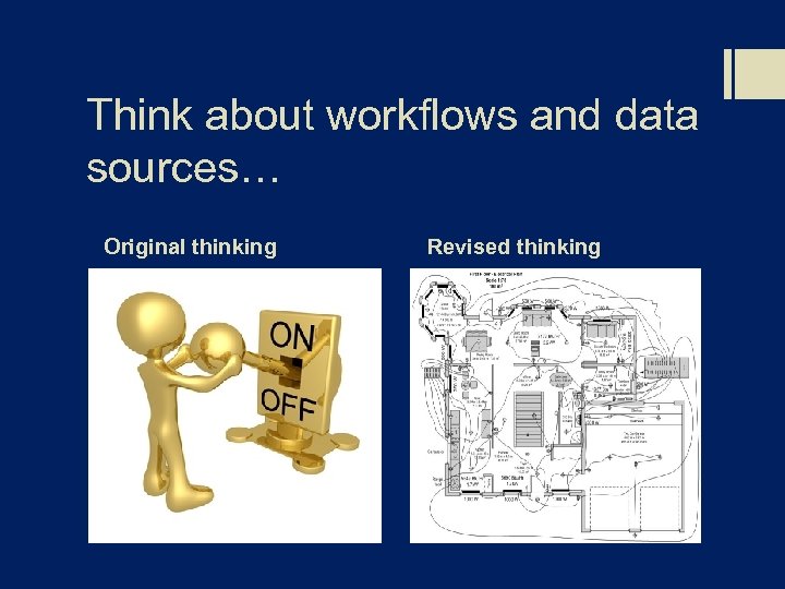 Think about workflows and data sources… Original thinking Revised thinking 