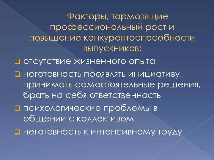 Факторы, тормозящие профессиональный рост и повышение конкурентоспособности выпускников: q отсутствие жизненного опыта q неготовность