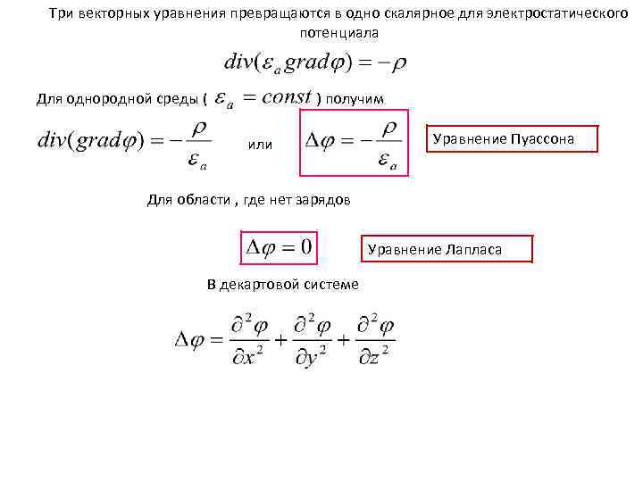 Три векторных уравнения превращаются в одно скалярное для электростатического потенциала Для однородной среды (