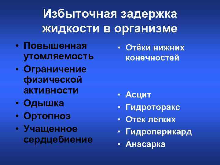 Избыточная задержка жидкости в организме • Повышенная утомляемость • Ограничение физической активности • Одышка