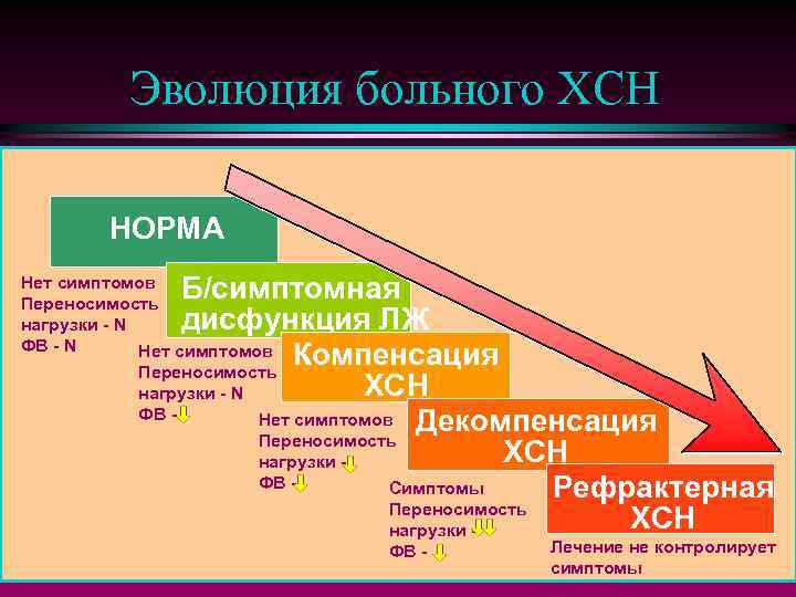 Эволюция больного ХСН НОРМА Б/симптомная дисфункция ЛЖ Компенсация ХСН Декомпенсация Переносимость ХСН нагрузки ФВ