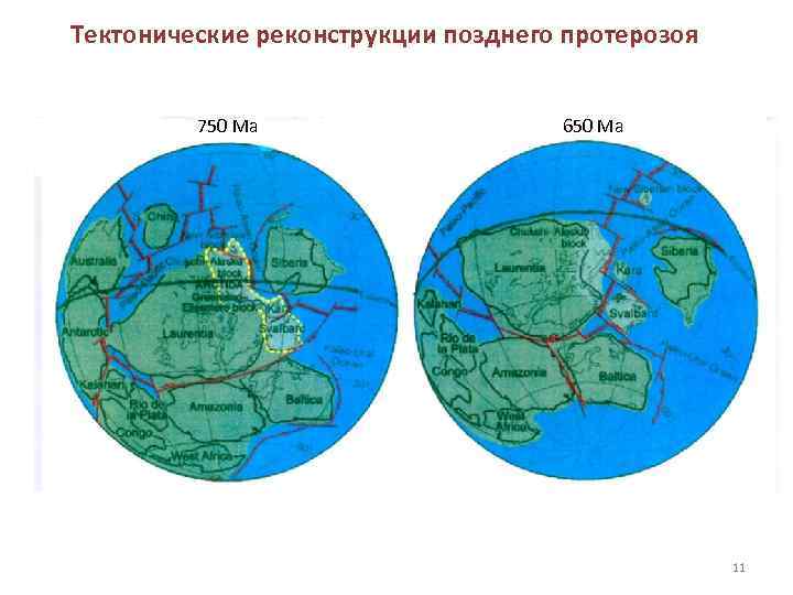 Тектонические реконструкции позднего протерозоя 750 Ма 650 Ма 11 