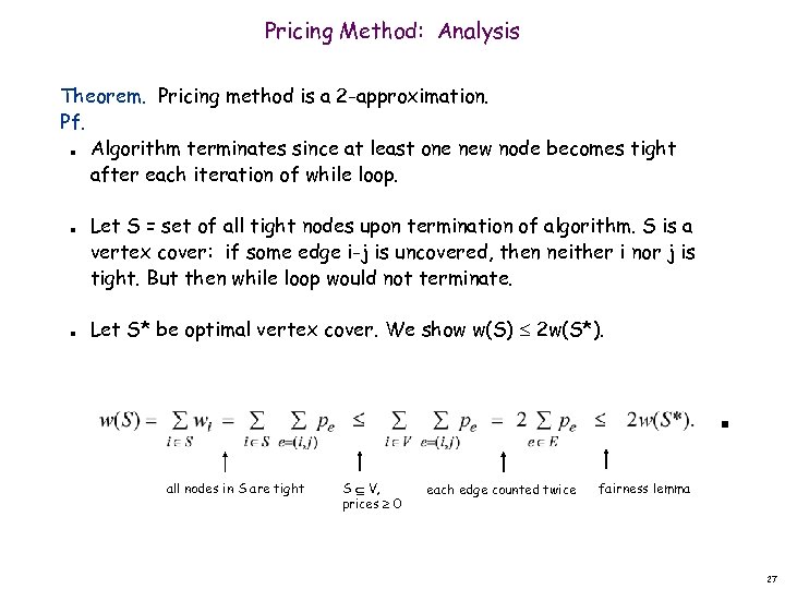 Pricing Method: Analysis Theorem. Pricing method is a 2 -approximation. Pf. Algorithm terminates since