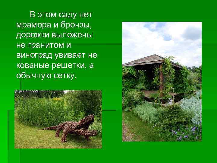 В этом саду нет мрамора и бронзы, дорожки выложены не гранитом и виноград увивает
