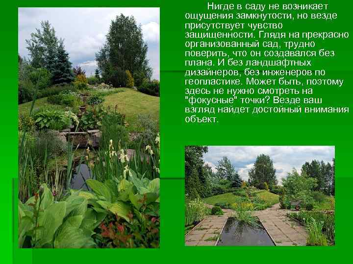 Нигде в саду не возникает ощущения замкнутости, но везде присутствует чувство защищенности. Глядя на