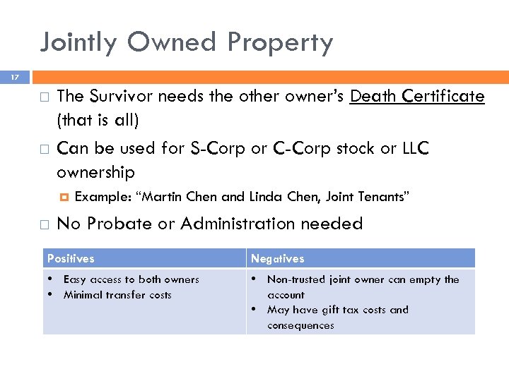 Jointly Owned Property 17 The Survivor needs the other owner’s Death Certificate (that is