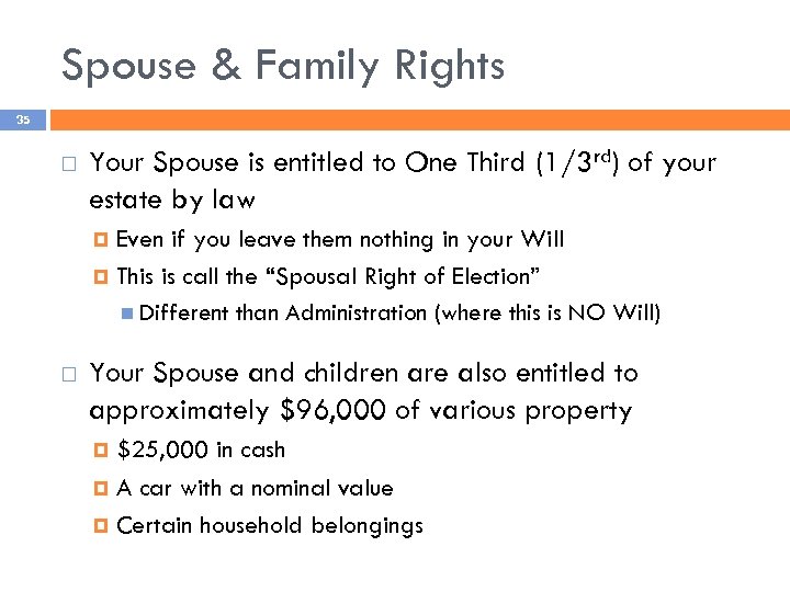 Spouse & Family Rights 35 Your Spouse is entitled to One Third (1/3 rd)