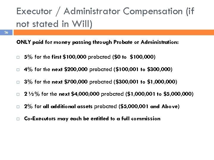 Executor / Administrator Compensation (if not stated in Will) 36 ONLY paid for money