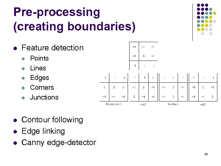 Pre-processing (creating boundaries) l Feature detection l l l l Points Lines Edges Corners