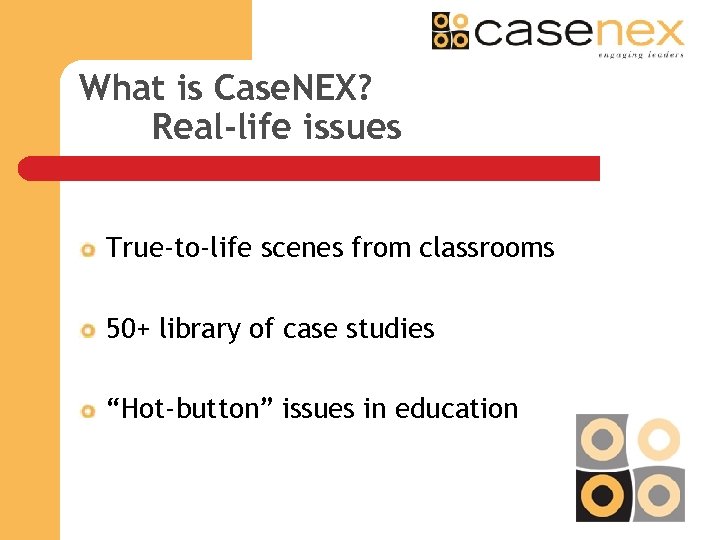 What is Case. NEX? Real-life issues True-to-life scenes from classrooms 50+ library of case