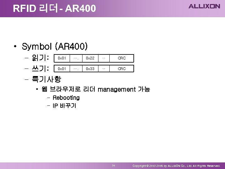 RFID 리더- AR 400 • Symbol (AR 400) – 읽기: 0 x 01 –