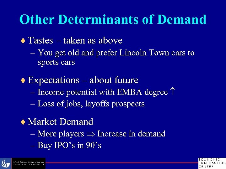 Other Determinants of Demand ¨ Tastes – taken as above – You get old