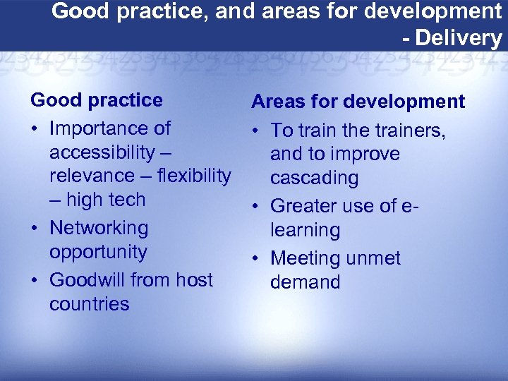 Good practice, and areas for development - Delivery Good practice • Importance of accessibility