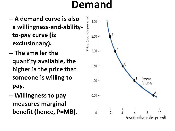 Demand – A demand curve is also a willingness-and-abilityto-pay curve (is exclusionary). – The