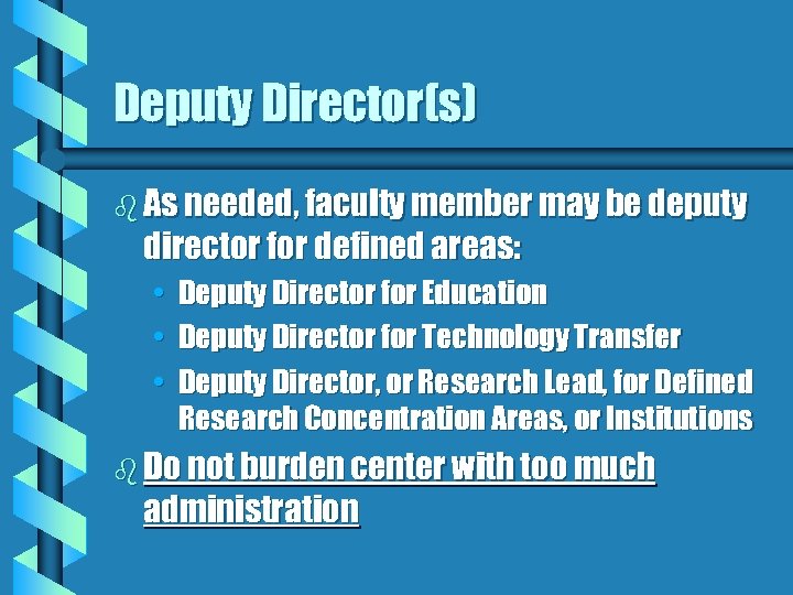 Deputy Director(s) b As needed, faculty member may be deputy director for defined areas: